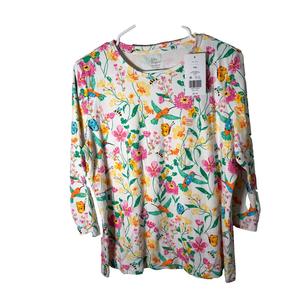 Kim Rogers T-Shirt Women's Petite Medium Perfectly Soft 3/4 Sleeve Colorful NWT